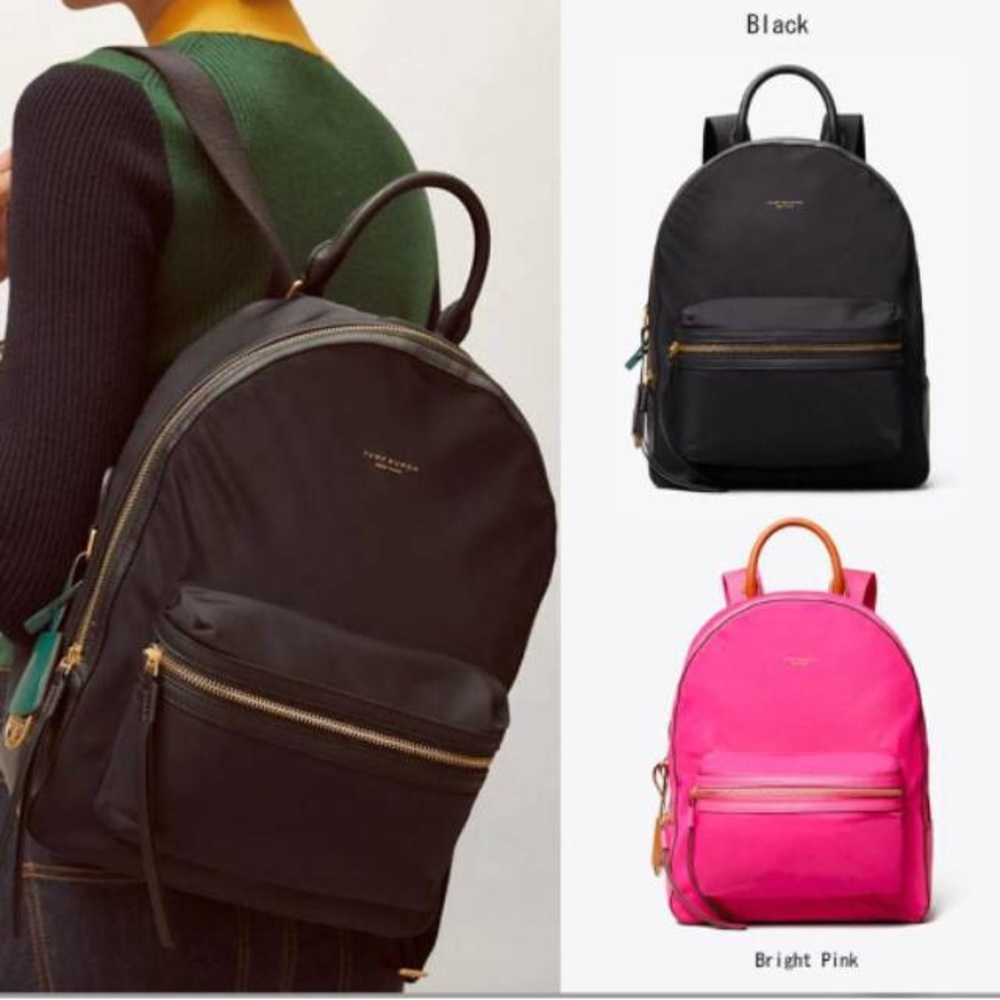 Tory Burch Perry Nylon Backpack Bag, Black with Green Quilted material